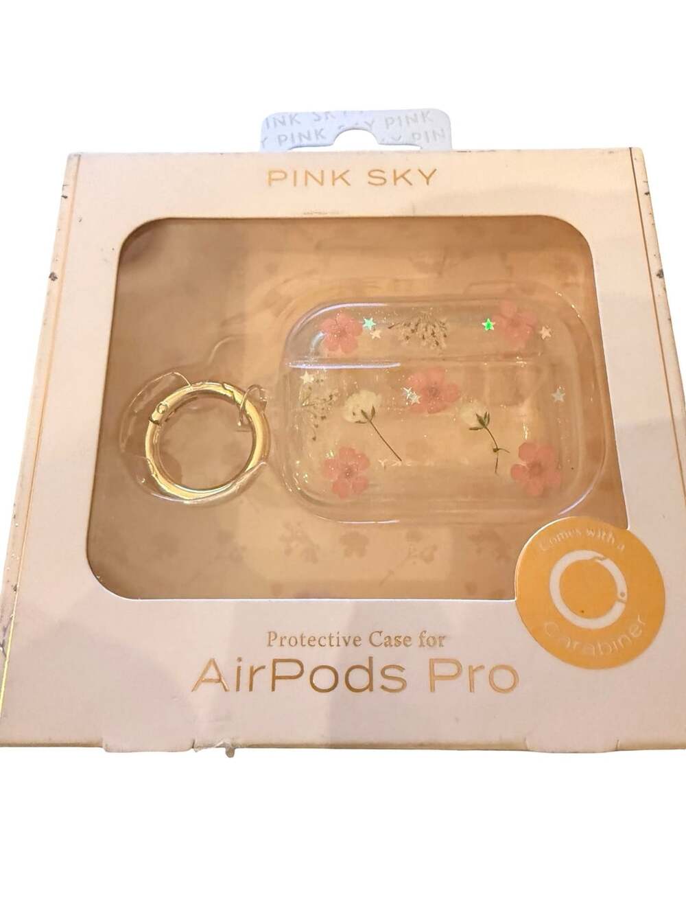 Pink Sky Protective Case for AirPods Pro Pressed Flower Clear with Carabiner